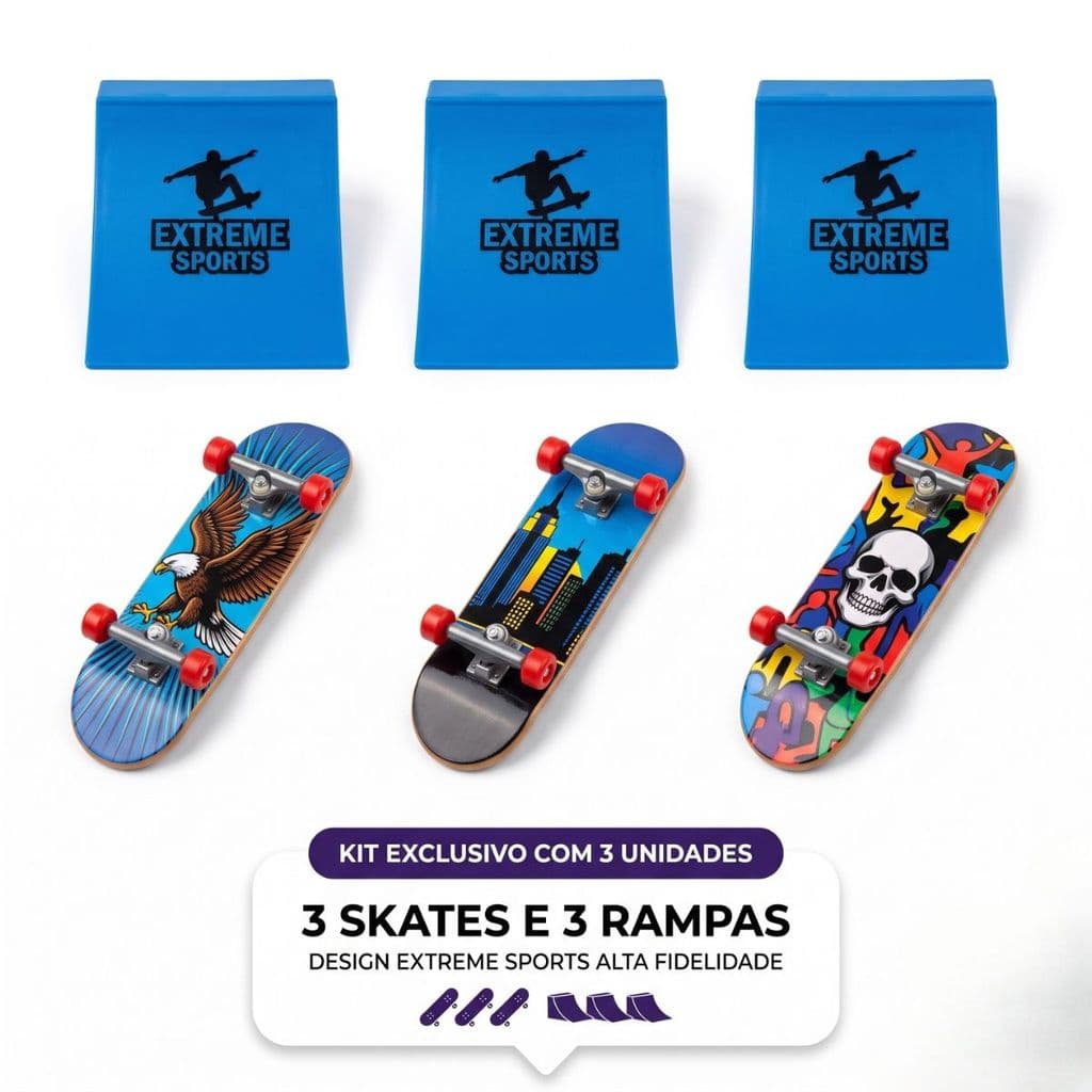 Kit 3 Skates De Dedo Com Rampa Mini Skate Radical
