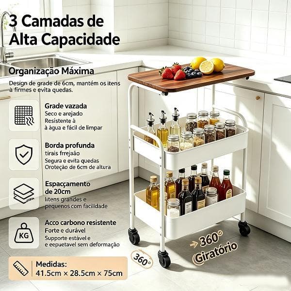 Carrinho Organizador Multicamadas com Rodinhas,Rack de ArmazenamentoPortátil paraOrganização DomésticaCozinha e Banheiro