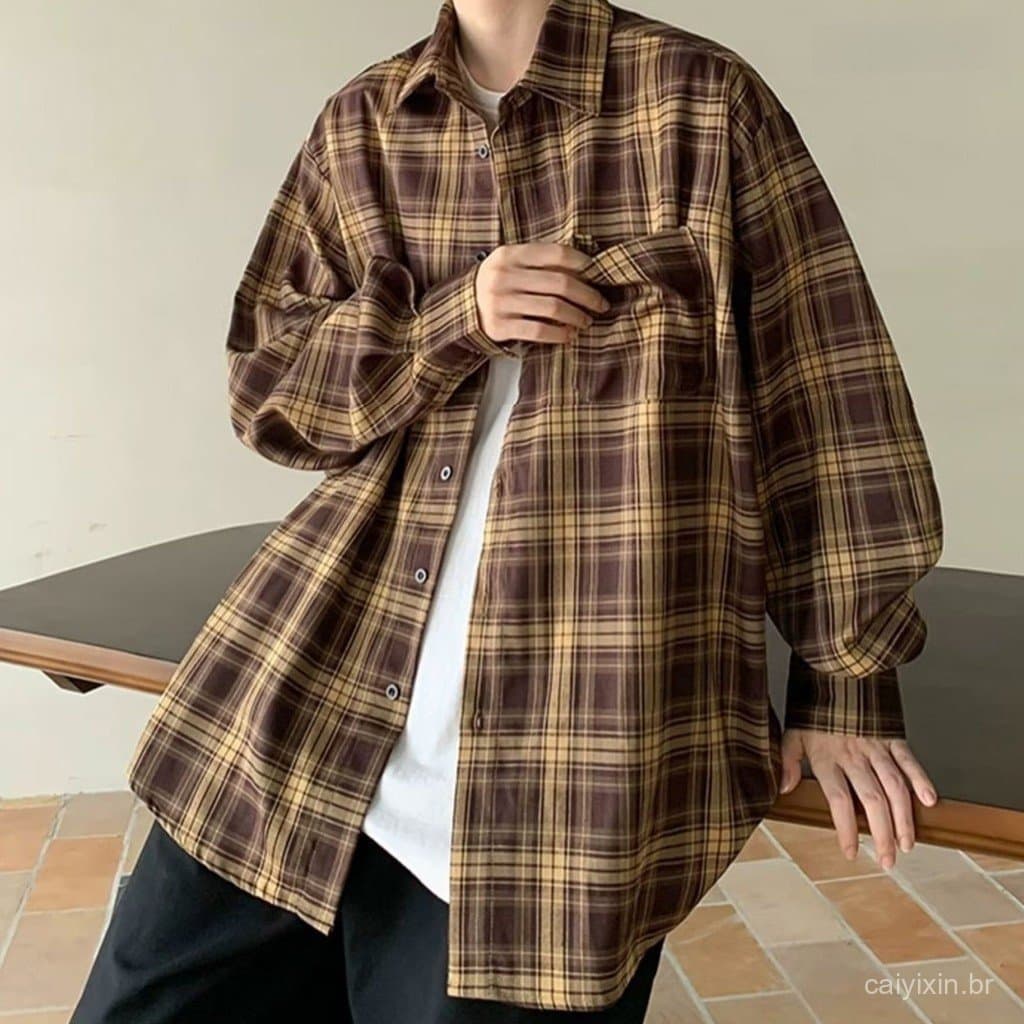 Jaqueta Masculina Casual com Estampa Xadrez Retrô, Gola de Lapela, Manga Longa, Corte Solto, Abotoamento Simples, com Bo