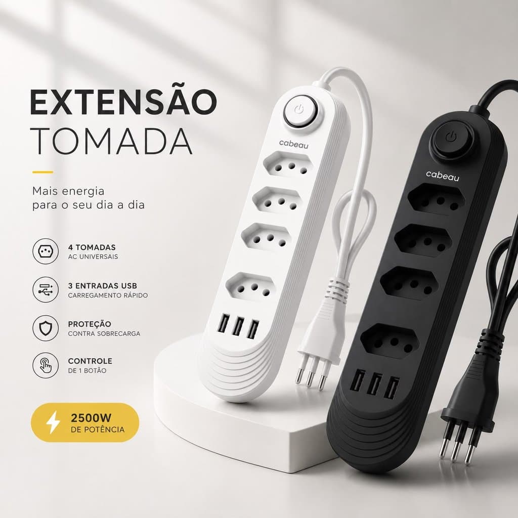 Extensão 4 Tomadas 2 USB E 1 USB-C Cabo 2 Metros Com Botão Para desligar Bivolt