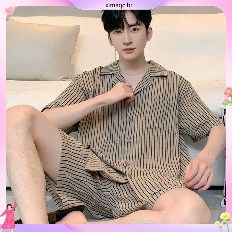 Pijama de verão masculino listrado simples, Shorts de manga curta, nuvem de algodão, estilo fino, roupa de dormir solta