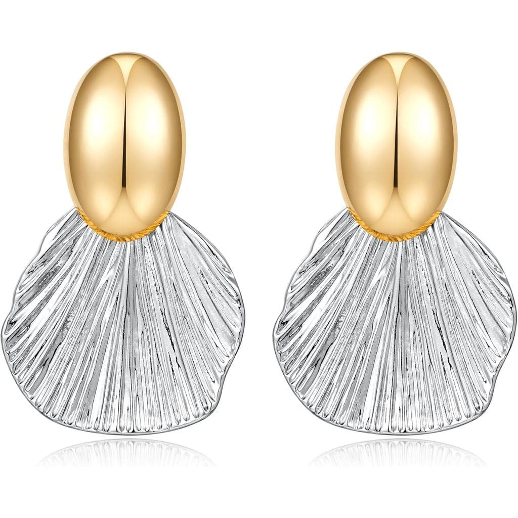 Brincos Dourados Pendentes, Brincos Chunky em Forma de Leque, Brincos de Concha para Mulheres, Joias de Moda em Duas Cor
