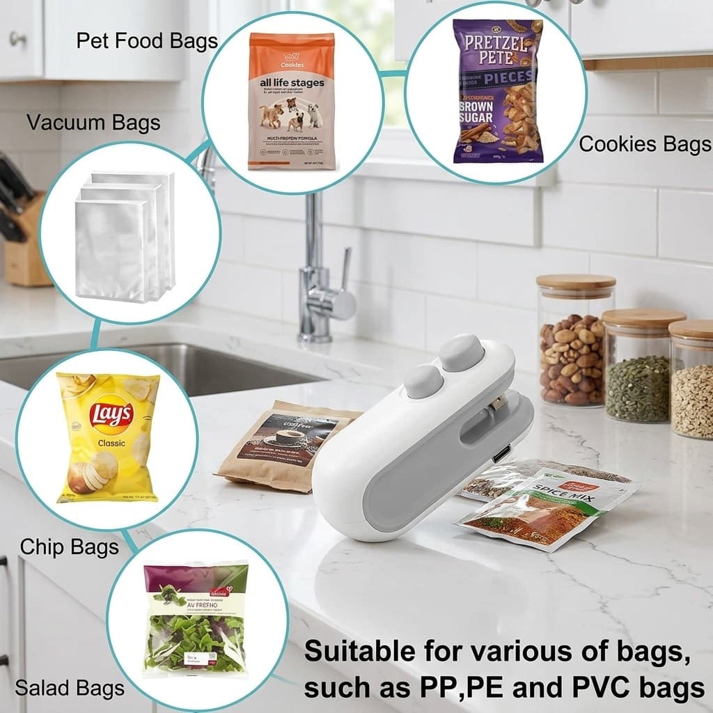 Seladora de Sacos Plásticos com Imã Mini Seladora Portátil USB Eficiente para Cozinha