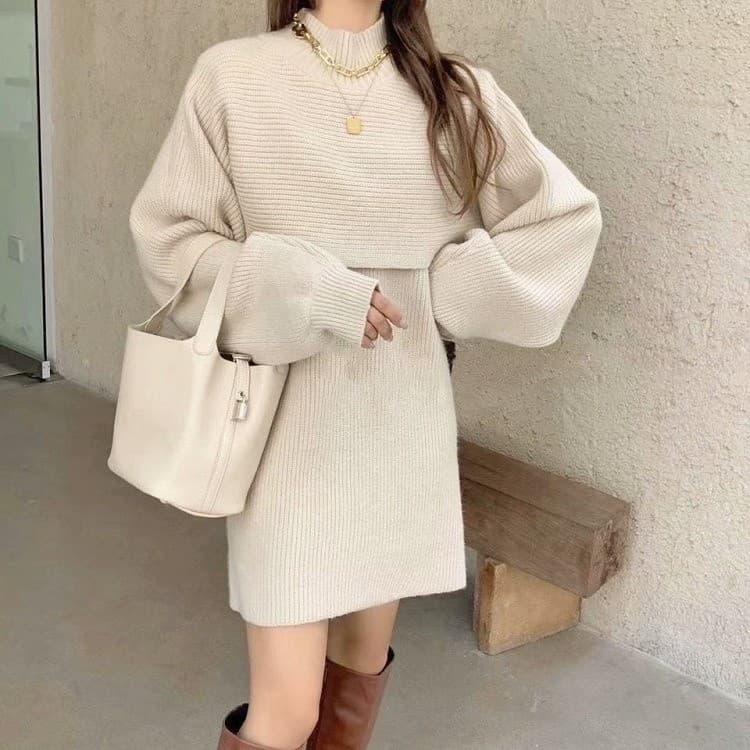 Outono inverno novo estilo nicho lanterna manga pulôver meia gola alta xale de malha vestido de duas peças elegante Sw
