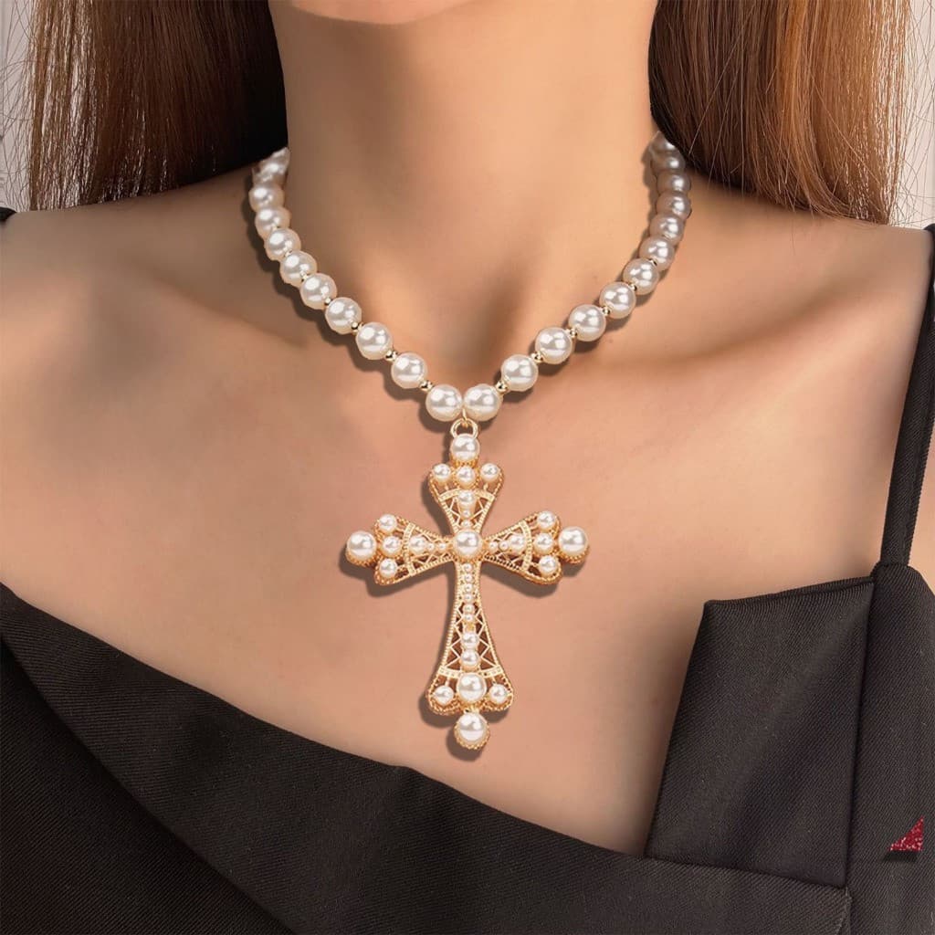 Colar Feminino Pérolas Cruz Dourada Luxo Elegante Vintage Gargantilha Fashion Zircônia Presente Tendência