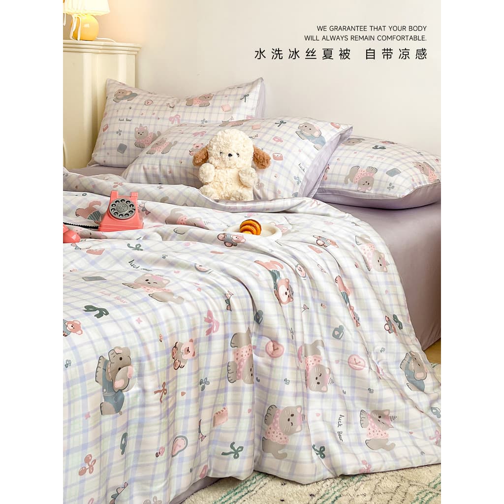Verão novo estilo de seda gelo verão fresco colcha conjunto de quatro peças cama ar condicionado colcha máquina lavável