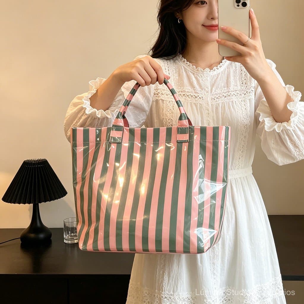 Bolsa tote de PVC brilhante, bolsa listrada impermeável de grande capacidade, bolsa de viagem para praia ao ar livre