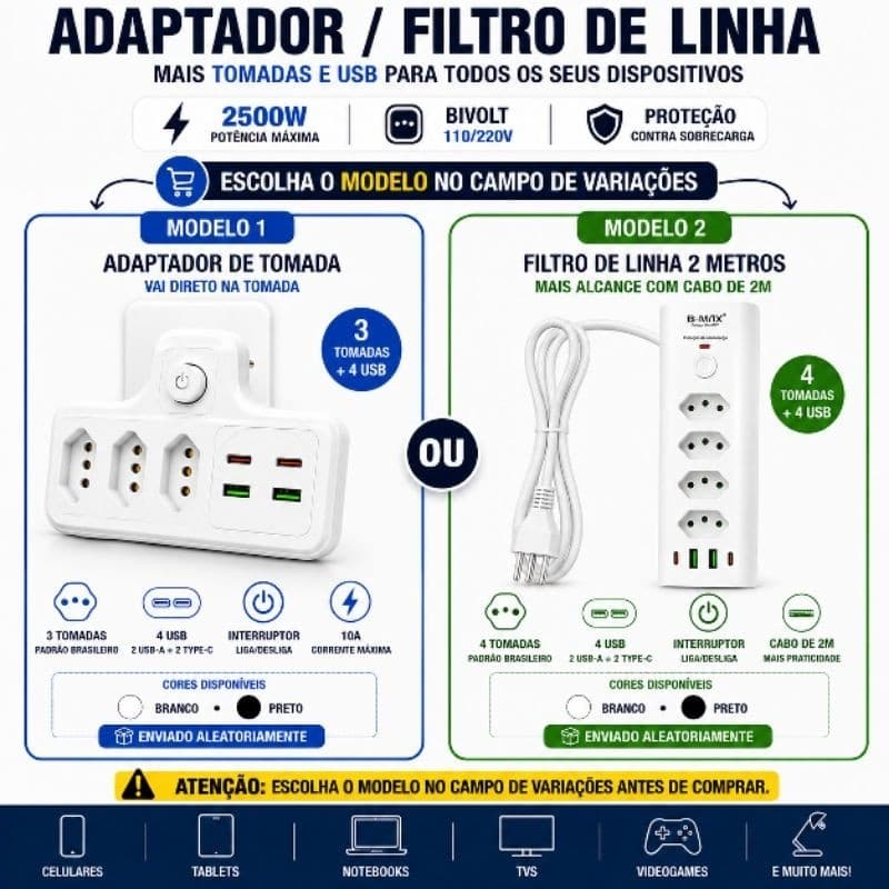 Adaptador de Tomada Filtro de Linha 3 ou 4 Tomadas 4 USB Tipo C Interruptor Cabo 2 Metros Bivolt 2500W