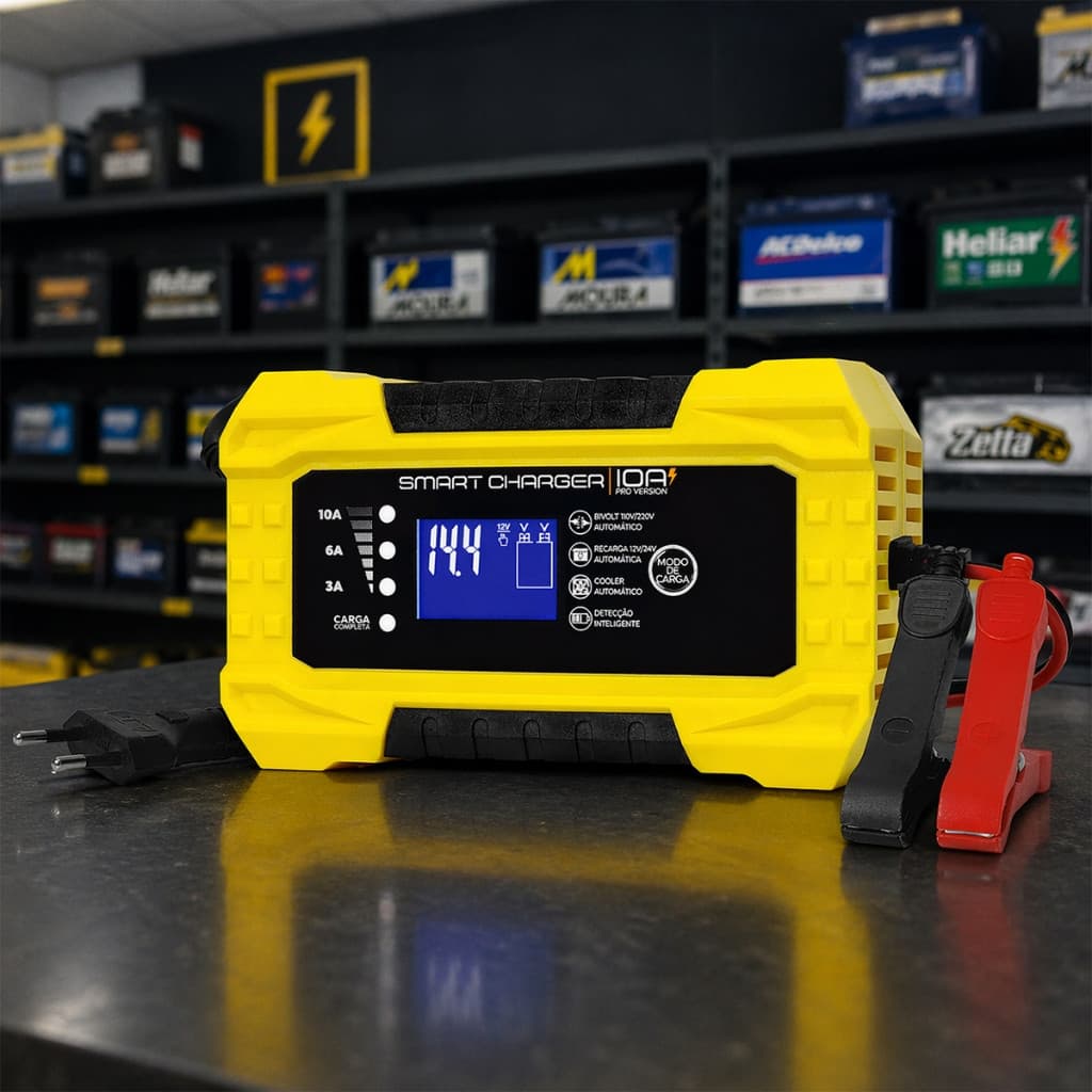 Carregador de Bateria Inteligente 10A para Carro e Moto, Dupla Voltagem, Proteção Completa da Bateria