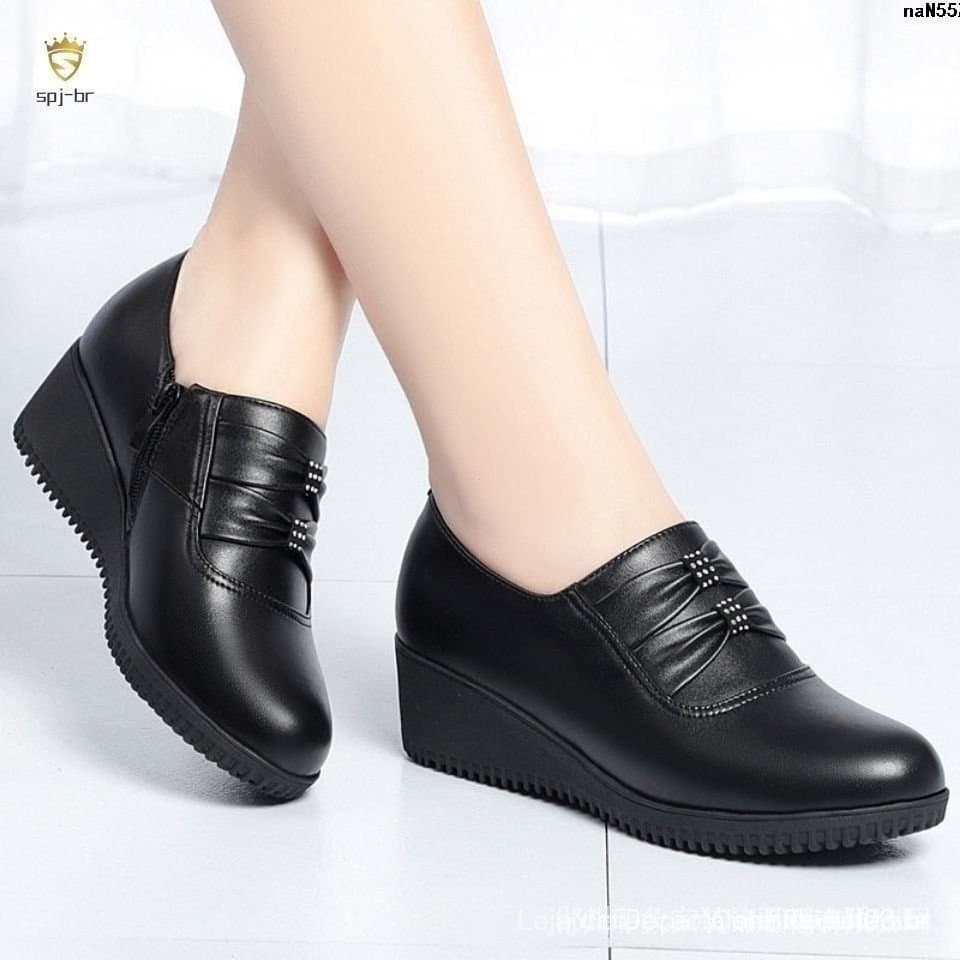 Sapatos Femininos Confortáveis e Flexíveis de Couro com Salto Médio UBMM 6OMK