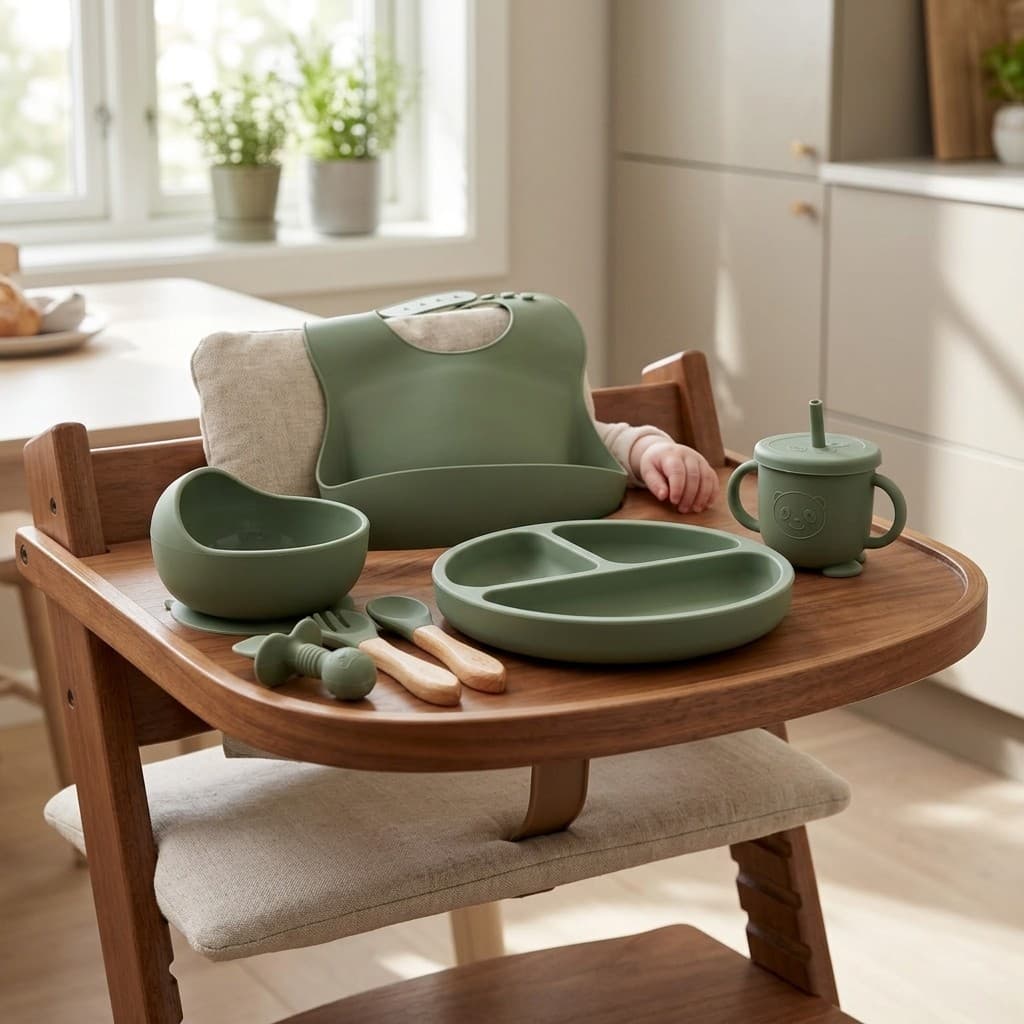 Prato de Silicone Bebê Introdução Alimentar Livre de BPA Conjunto 8 Peças com Ventosa Babador Copo