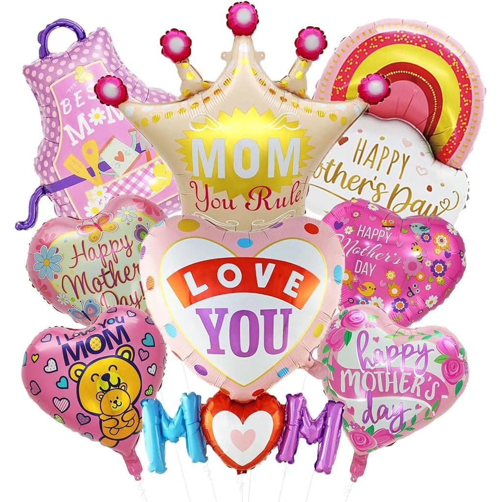 8 Pcs Mothers Day Balloons 34 Inch Happy Mothers Day Foil Balloons Crown Apron Heart Shape Love You Mom Best Mom Mylar B