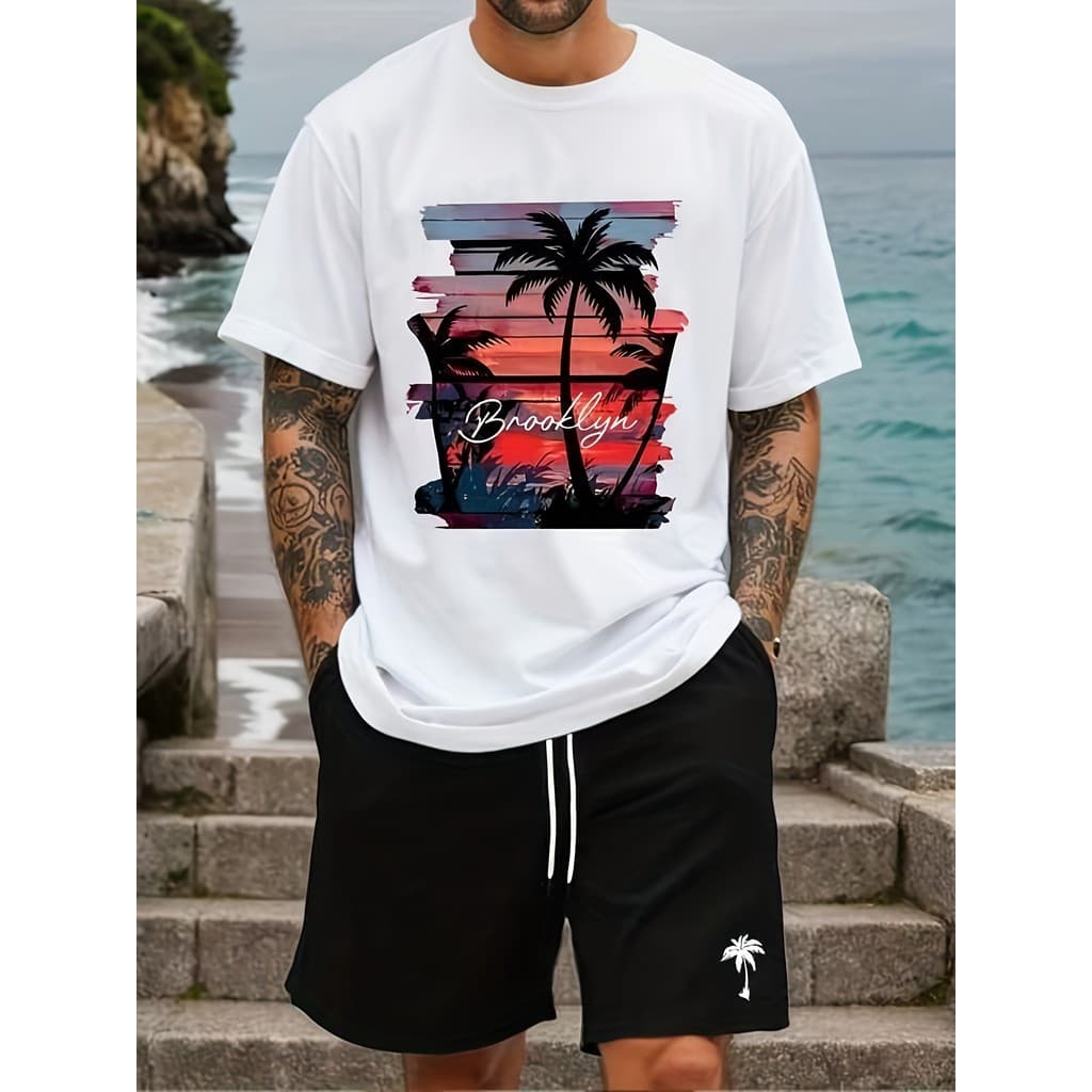 Conjunto Masculino Bermuda e Camiseta Manga Curta 100% Algodão Shorts Estampa Praia Coqueiros Verão Casual Estiloso
