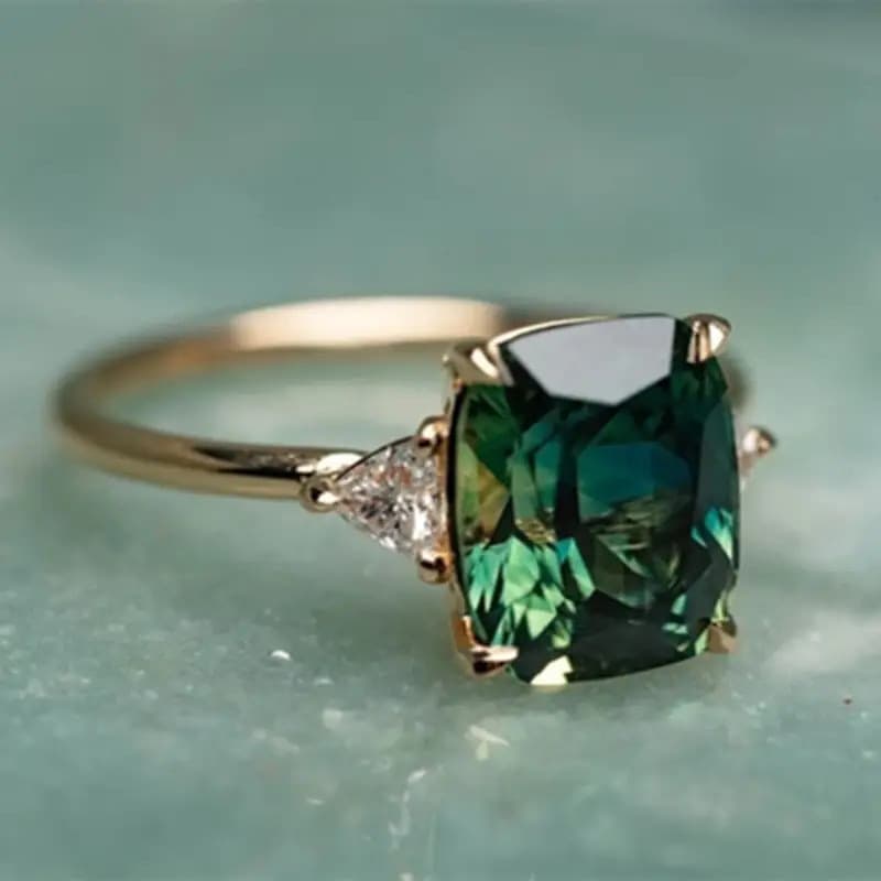 Anel quadrado de zircão verde, liga banhada a ouro, luxo, presente