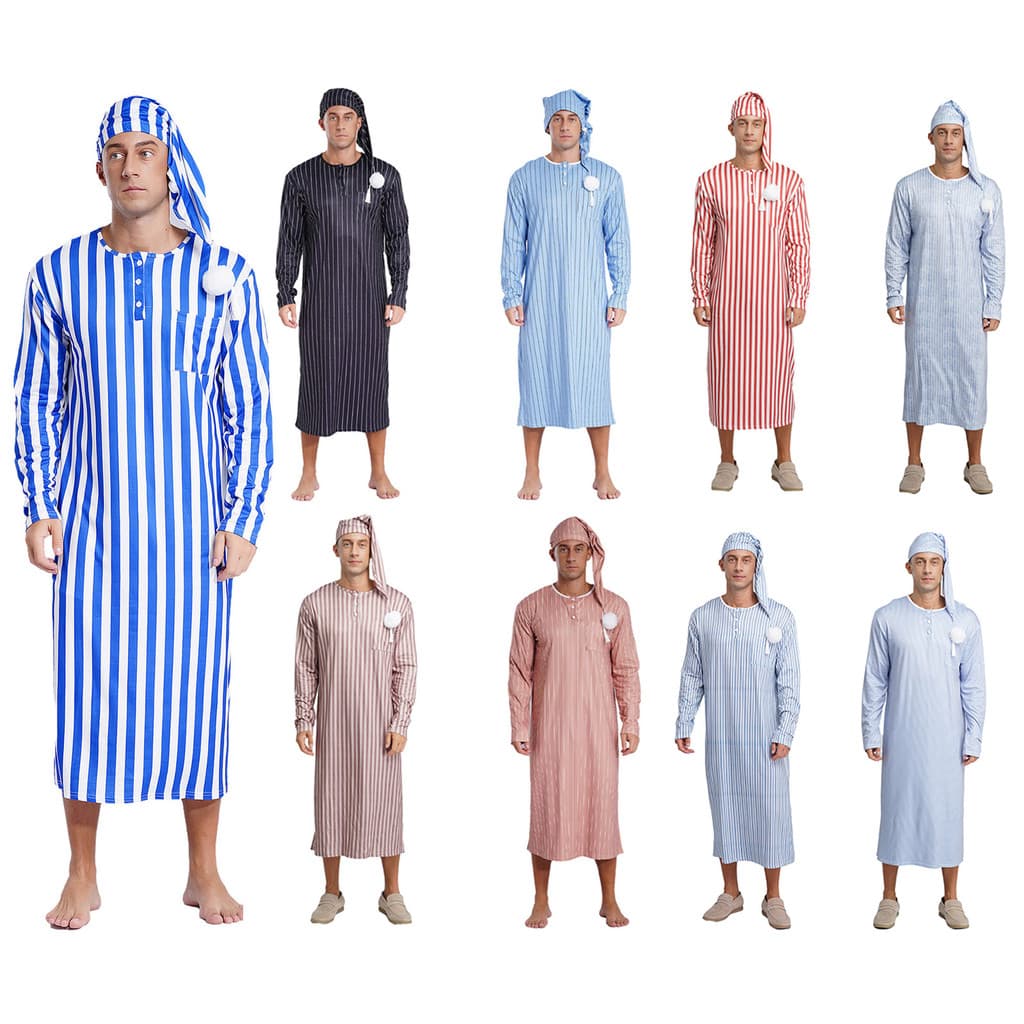 inhzoy Masculino Sissy Nightwear Listrado Robe De Dormir Com Chapéu Manga Longa Longo E Pompom Ajustável Pijama Muçulman