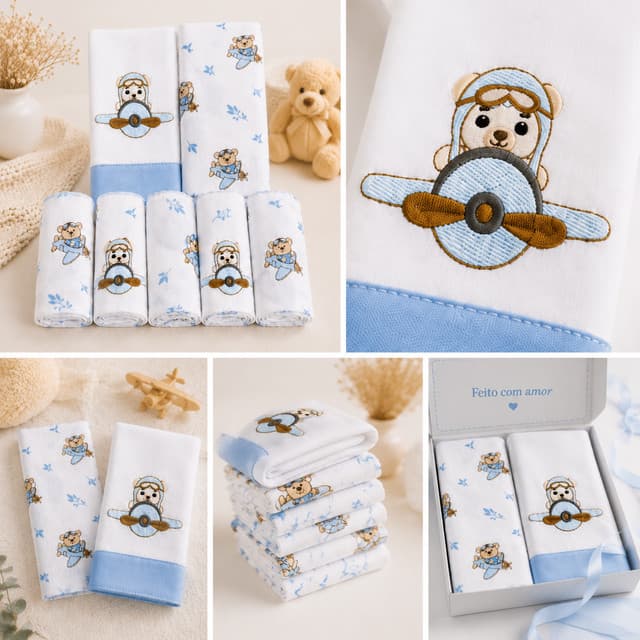 Kit 7 Peças Enxoval Bebê Menino Menina 5 Fraldas de Pano + 2 Toalhas Fralda Luxo Já Bordado
