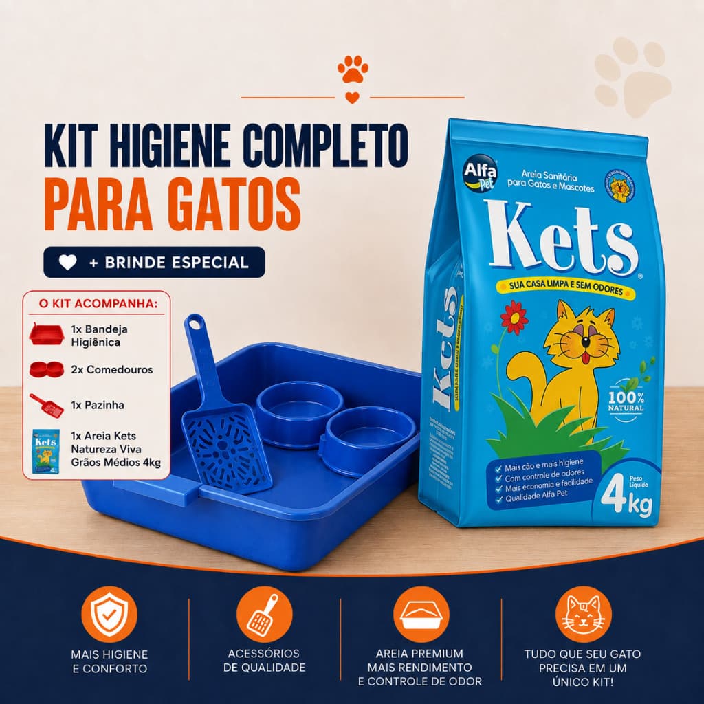 Kit Higiene Completo para Gatos + Areia Kets 4kg Caixa Sanitária Comedouros Pá Higiênica