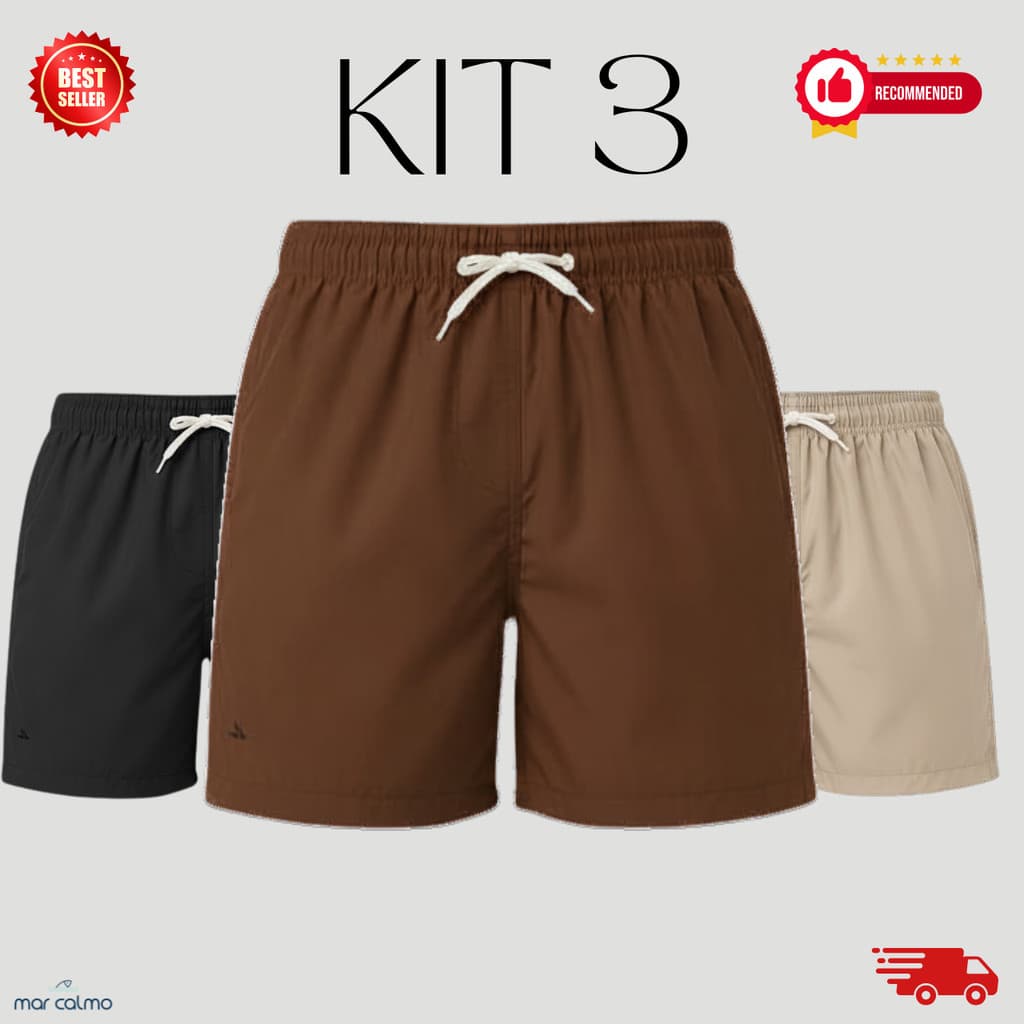 KIT 3 SHORT TACTEL ELASTANO MAURICINHO CADARÇO CRU 3 BOLSOS COSTURAS REFORÇADAS CORRIDA ACADEMIA PRAIA