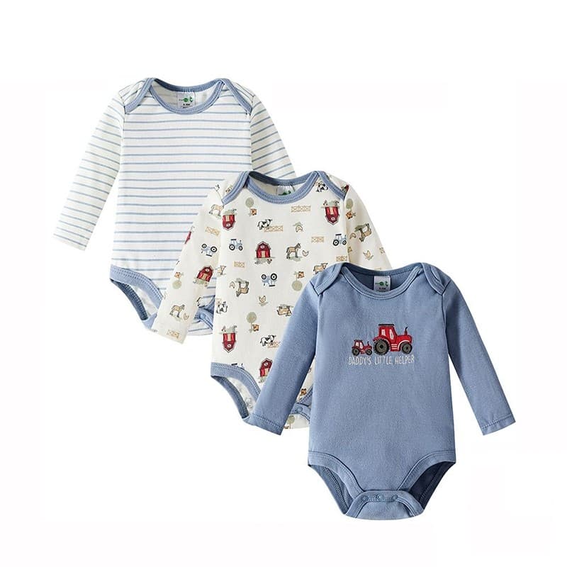 Body Bebê Masculino Kit 3 Peças Manga Longa Estampa Trator e Animais da Fazenda
