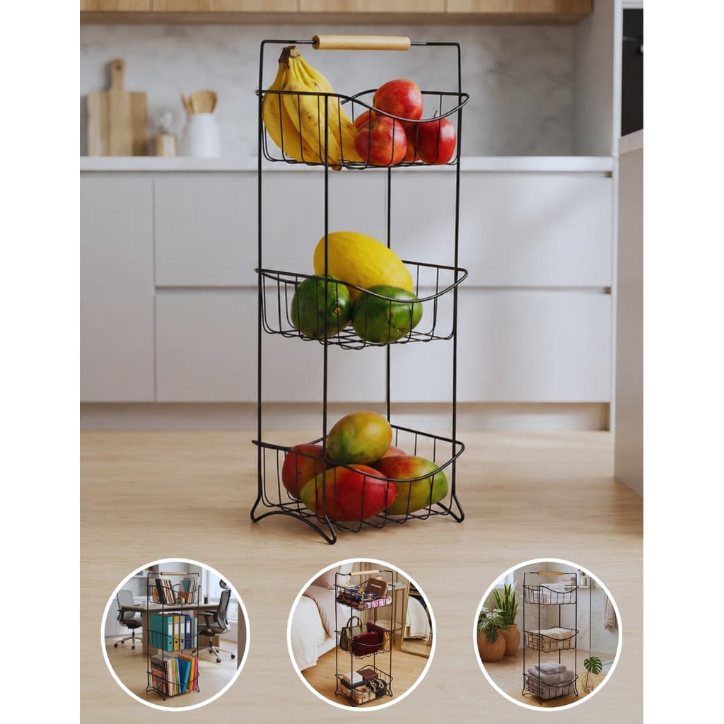 Fruteira De Chao Preta Tripla Cesto Organizador De Cozinha em Aco Arthi Para Legumes e Frutas