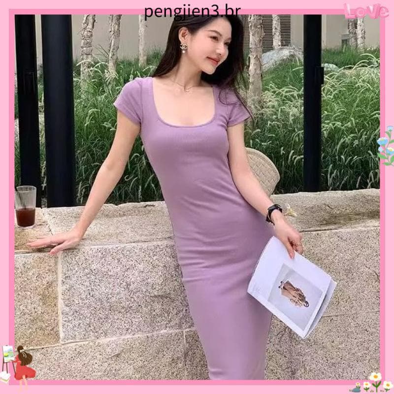Merad cor sólida simples Pit Strip primavera novo estilo de malha de manga curta magro-ajuste mais magro olhar vestido p