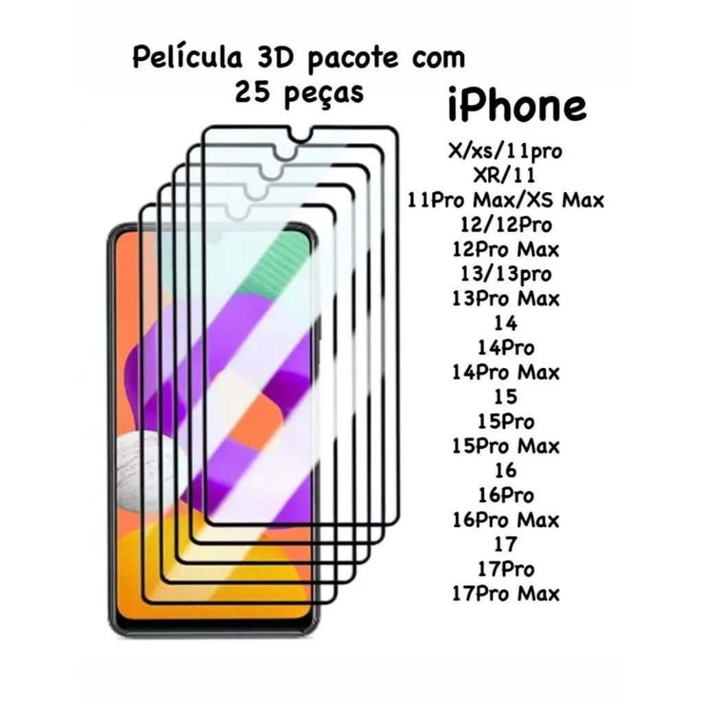 kit 25 PCS Pelicula 3d Vidro Iphone XR 11 12 13 14 15 16 17 Pro Max