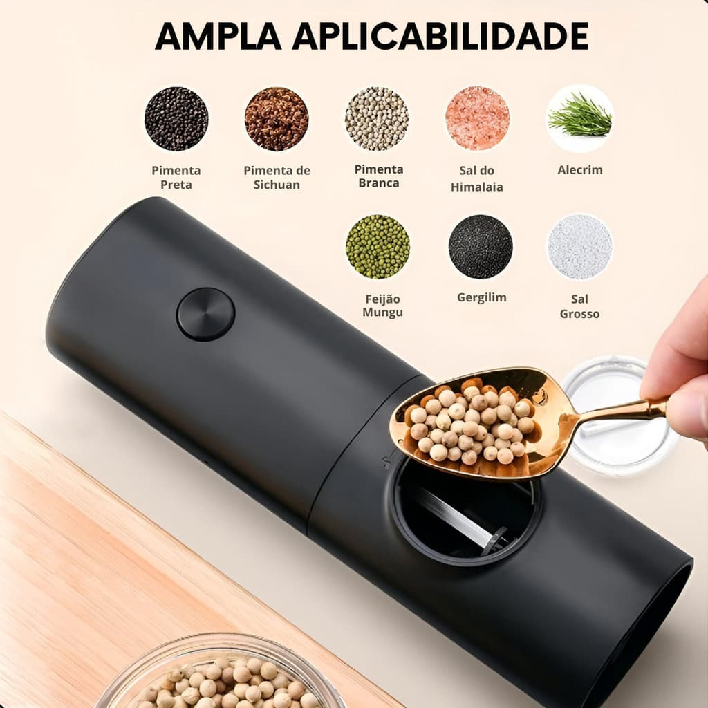 Moedor Elétrico Tempero Sal Pimenta Gourmet Inox Portátil Cor Preto