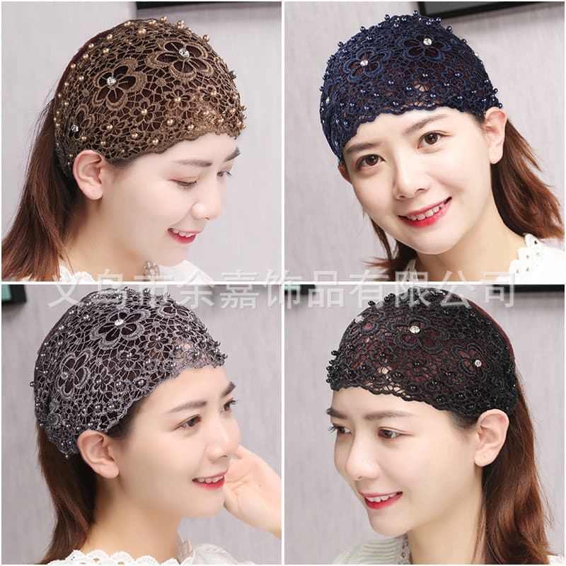 Nova tiara de renda vazada com pérolas e contas, tiara larga e moderna para cobrir cabelos brancos, acessório de cabelo