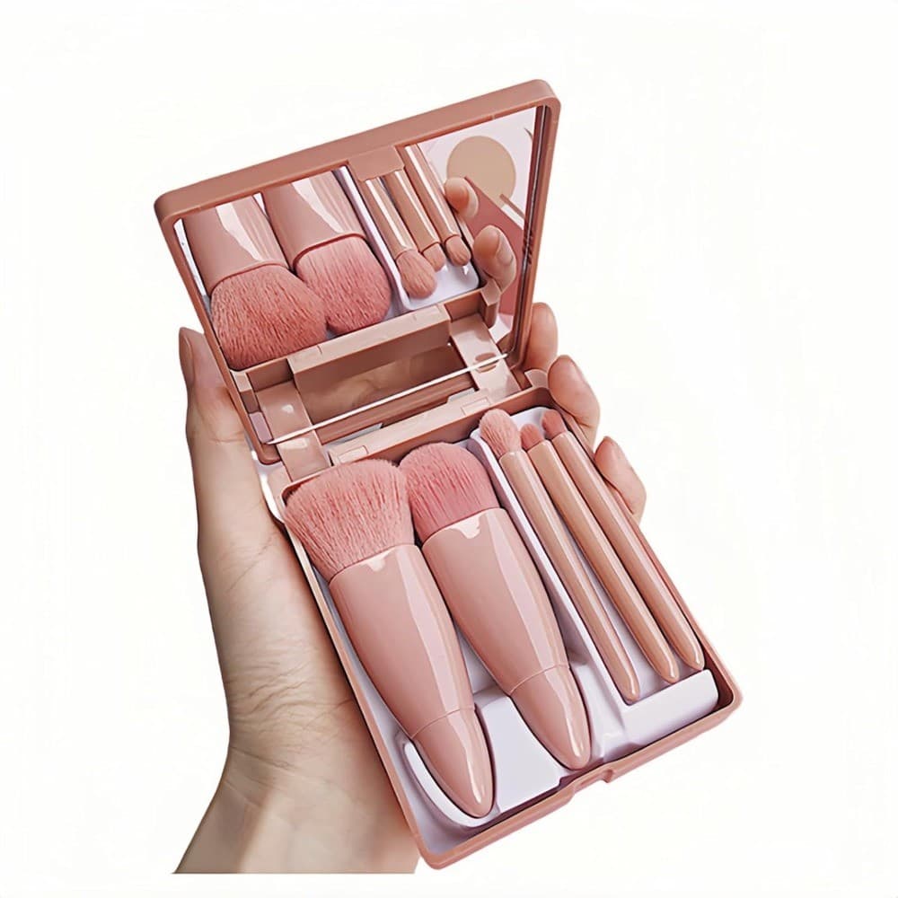 5 Pçs Conjunto De Pincéis De Maquiagem De Viagem Com Espelho Portátil Cosméticos Kit Blush Sombra Pó Escova Para Mulher