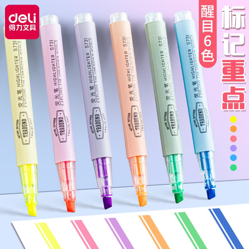 Deli Highlighter Alunos da escola primária usam marcador de cor Caneta marcadora de chave de curso Cabeça oblíqua Alunos
