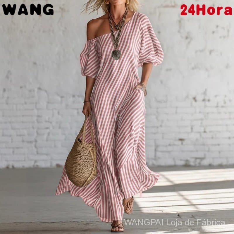 Vestido Longo Feminino Solto de Manga Curta Listrado com Ombros Descobertos