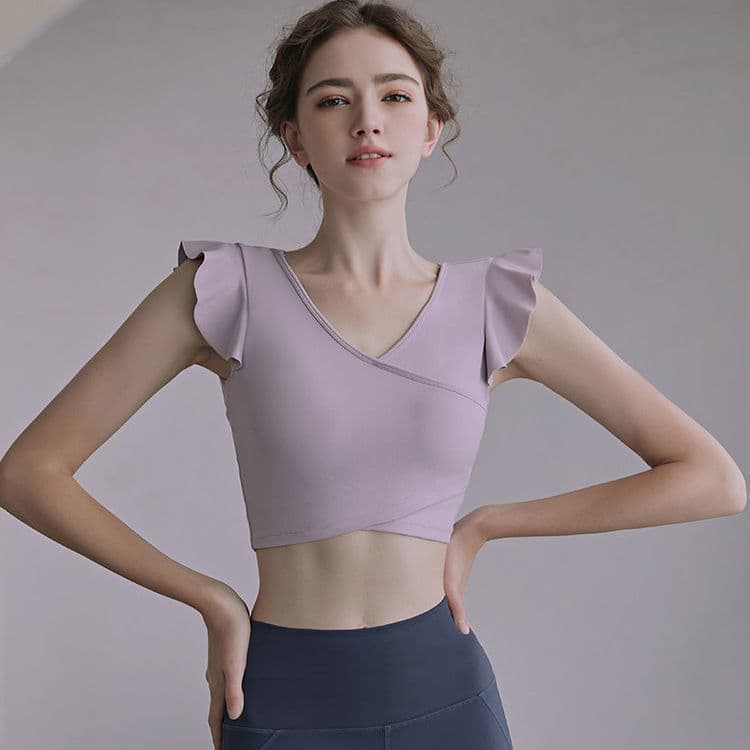 Roupas de Yoga com almofada para o peito, top feminino quente, design feminino, mangas com babados, costas bonitas, Fitn