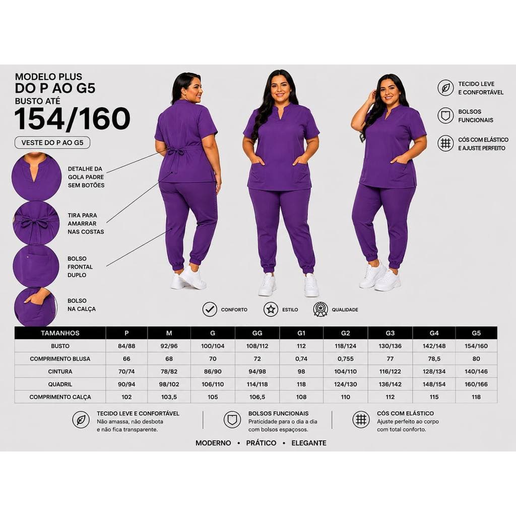 Scrub Feminino Gola Padre Roxo Plus Size Pijama Cirúrgico P ao G5