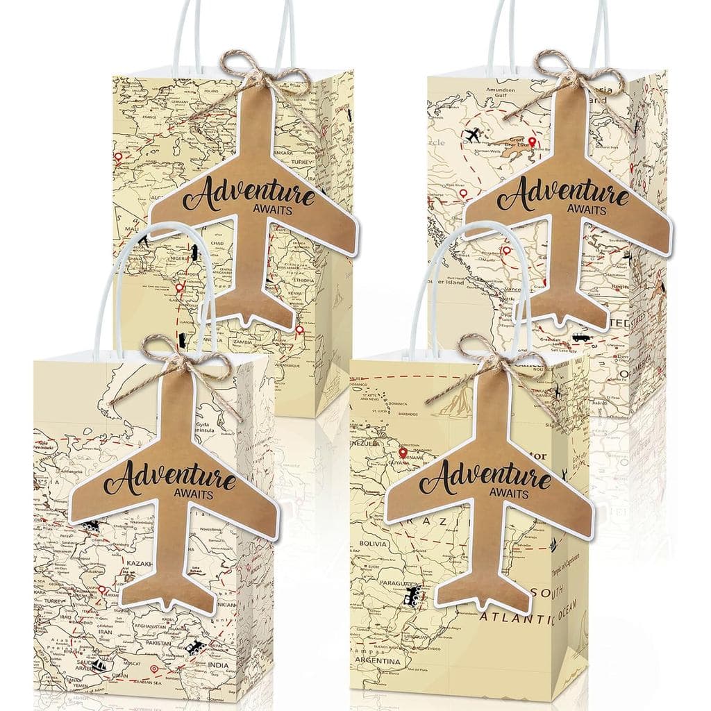 ojustbeok 12 Peças Sacolas de Presente com Mapa Mundi para Viagem, Decoração Retro para Festa de Aposentadoria, Sacolas