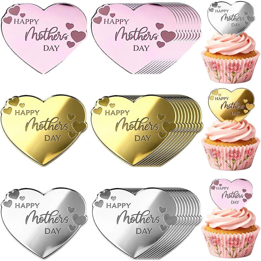 30 peças de toppers para cupcake de Dia das Mães, em formato de coração, disco de acrílico espelhado para bolo, topper d