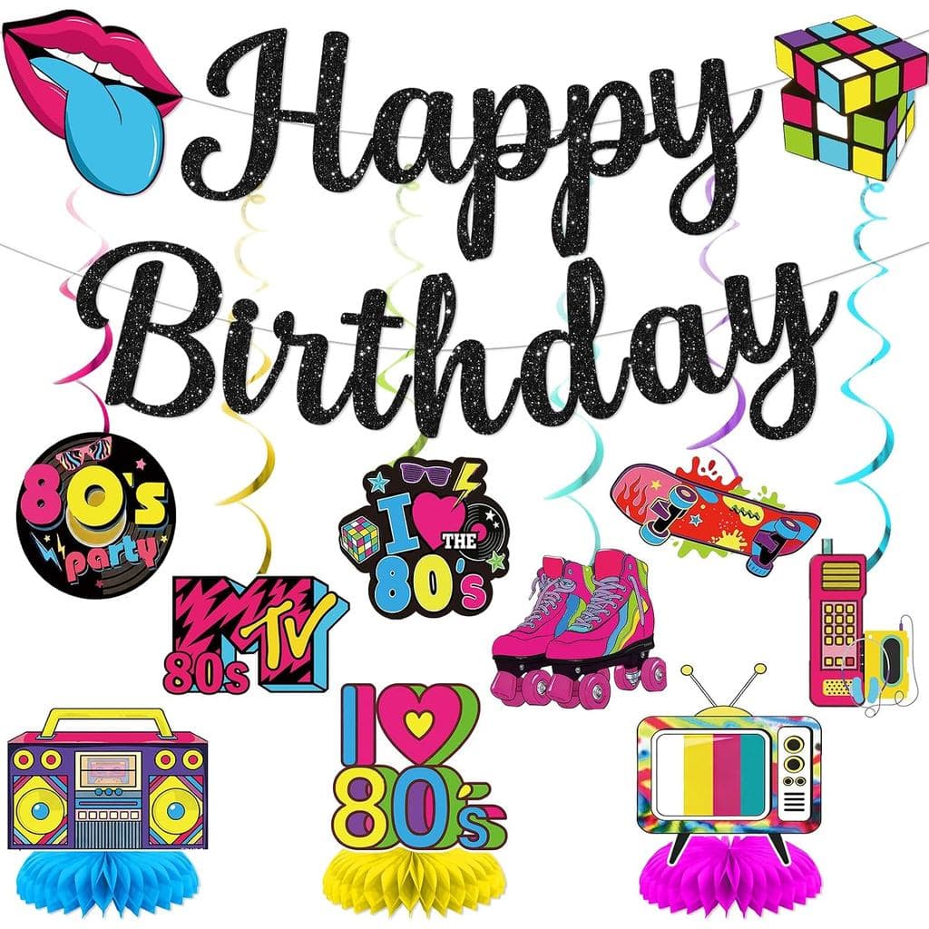 Decorações para Festa dos Anos 80: Decorações para Festa de Aniversário com Tema dos Anos 80 com Faixa de Aniversário, E