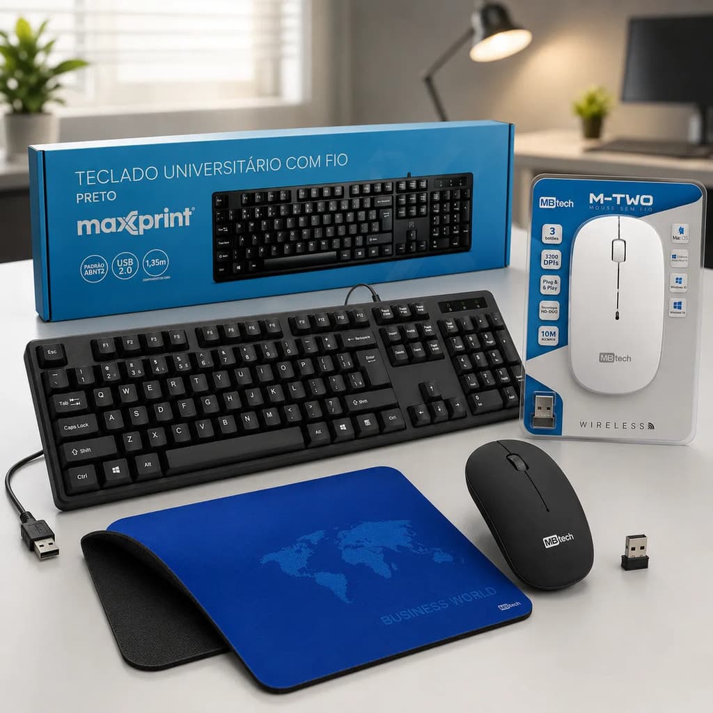 Teclado, Mouse Sem Fio E Mouse Pad Kit Escritório