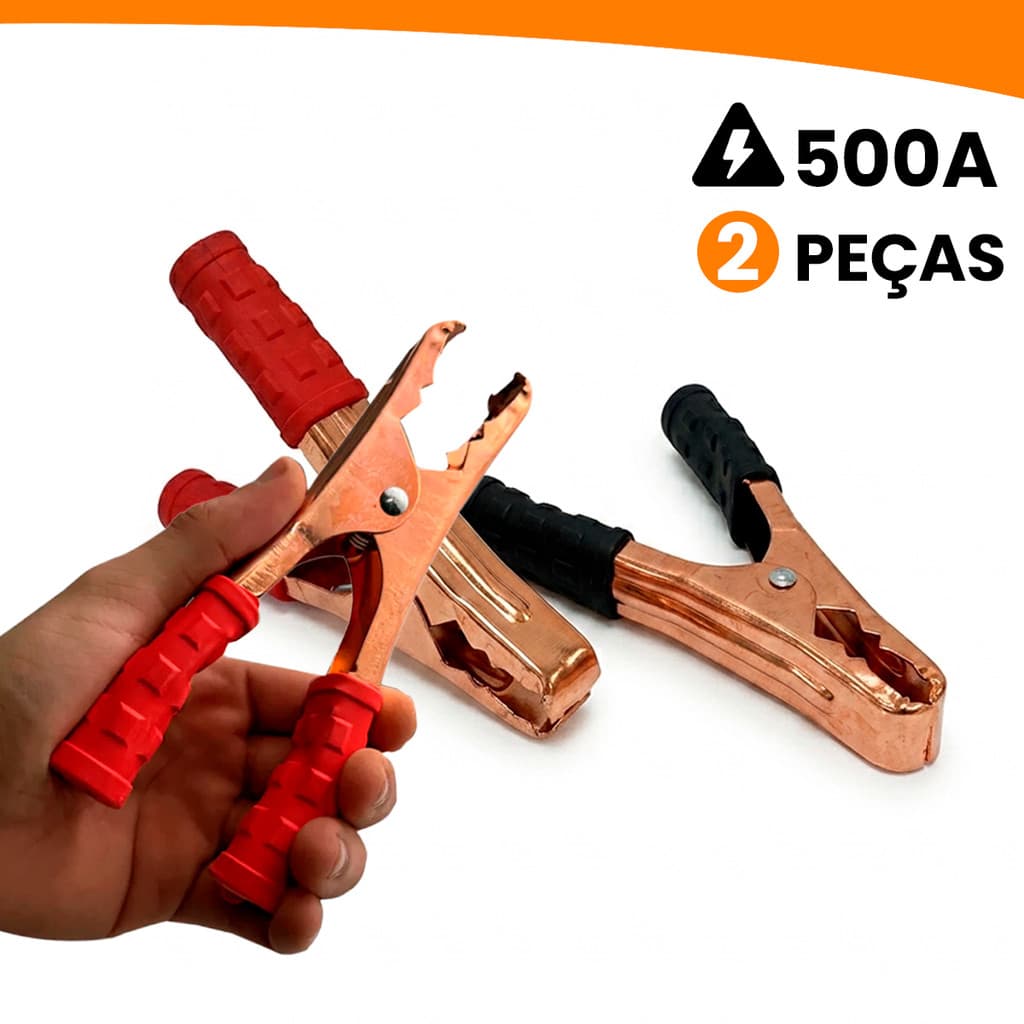 Jogo Kit 2 Garras Jacaré 500A Bateria Chupeta Clip Cabo Suporte Emborrachado