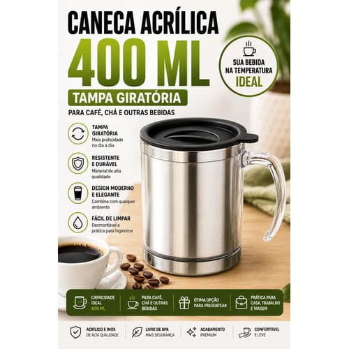 Caneca Copo Inox 400ml com Tampa Giratória para Café Chá Água Quente Fria Parede Dupla Premium Portátil