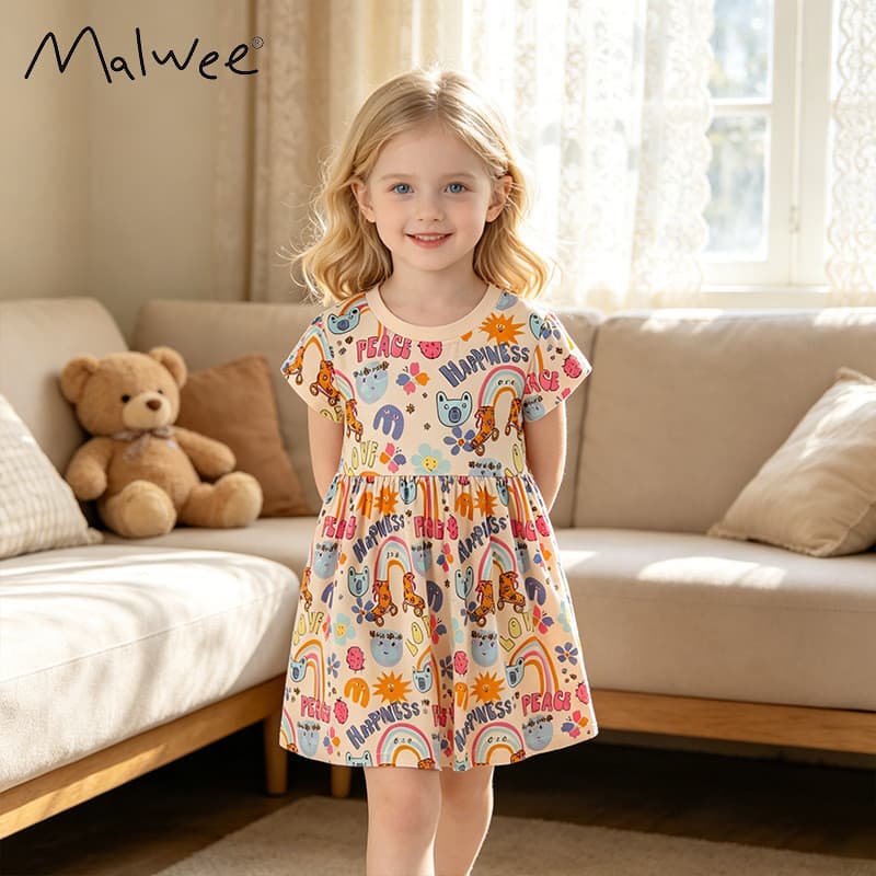Vestido de verão para meninas Malwee, novo estilo casual, estampado, de manga curta e gola redonda, vestido de princesa