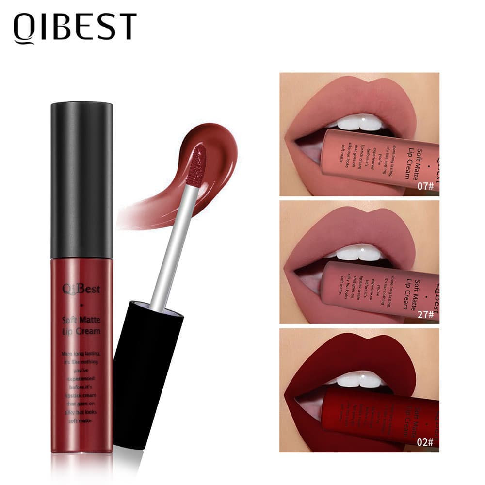 QIBEST brilho labial macio fosco copo antiaderente brilho labial fosco europeu americano cor Nude batom líquido fosco