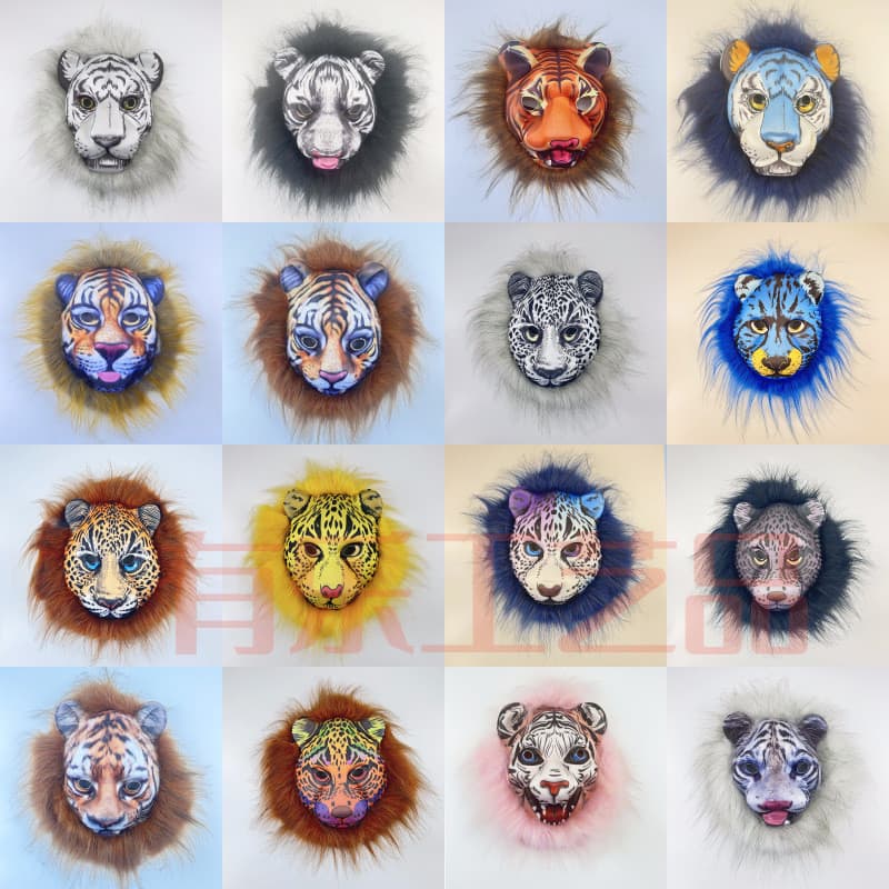 Estoque pronto Máscara de Animal colorida de venda quente Simulação Tigre Leão Pelúcia Fabricante de máscara de cosplay