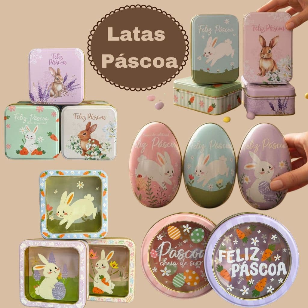 2 Latas Metal Páscoa Redonda ou Quadrada Lembrancinha Decoração Presentes Doces