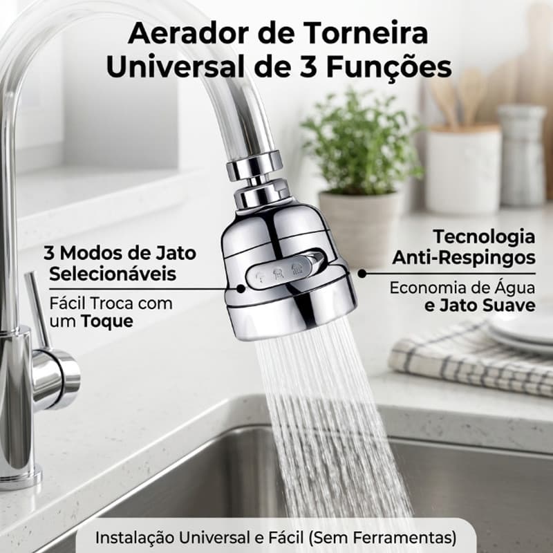 OTIMOA Bico Adaptador de Torneira Universal Giratório 360° 3 Jatos Reguláveis Para Cozinha Envio Local