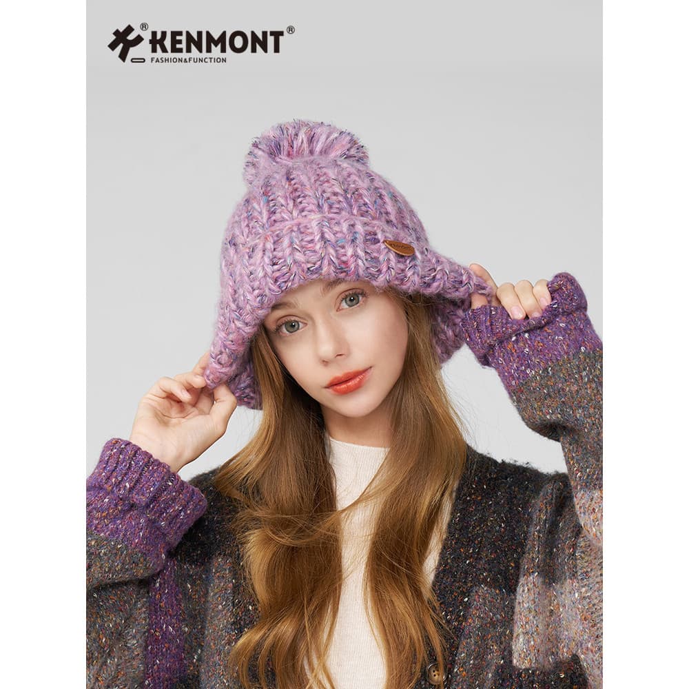Kenmont Kenmont Chapéu de malha tricotado à mão feminino outono inverno roxo moda chapéu de lã linha grossa chapéu de in