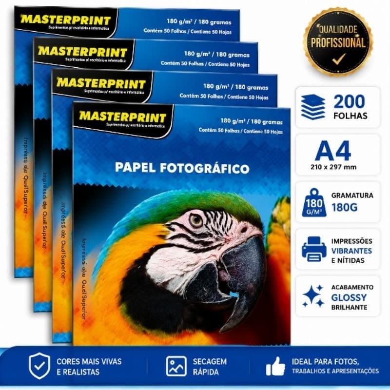 Papel Fotográfico Glossy 180g A4 Brilhante À Prova D'Água Masterprint