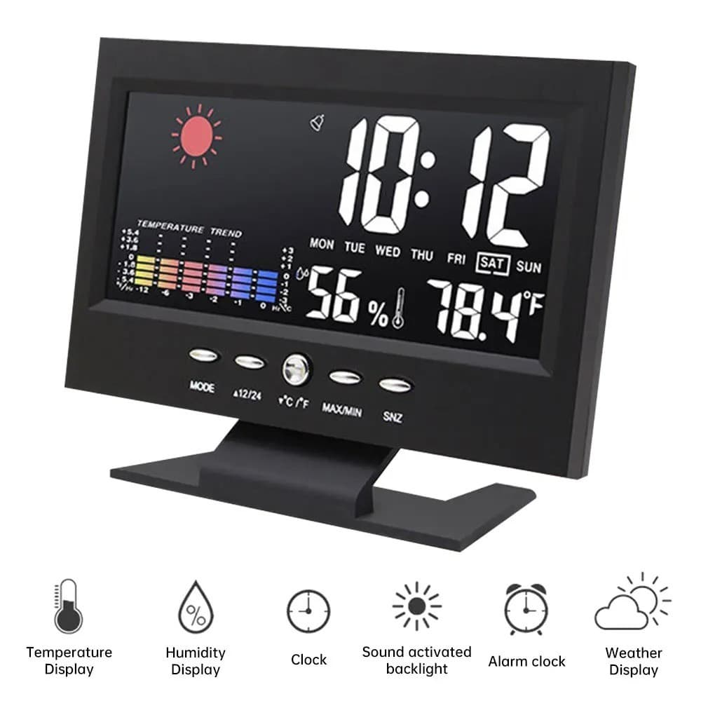 Relógio Despertador Digital LED Meteorológico Alarme Calendário Monitor De Temperatura Mesa Portátil
