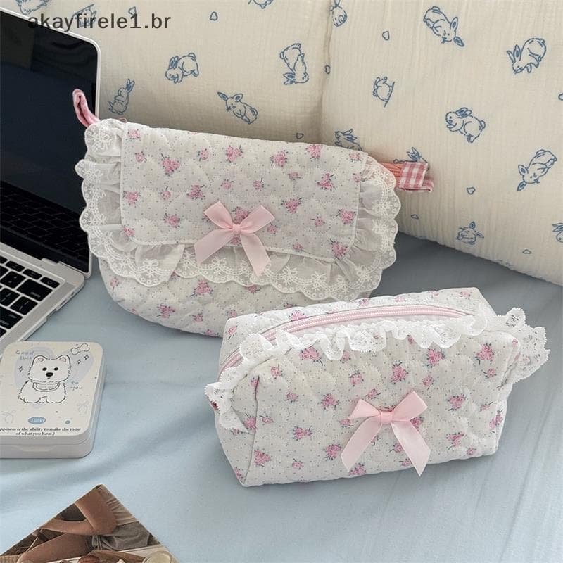 akayfirele1 Bolsa Cosmética De Renda Rosa Com Laço De Urso Fofo Portátil De Armazenamento De Viagem Feminina