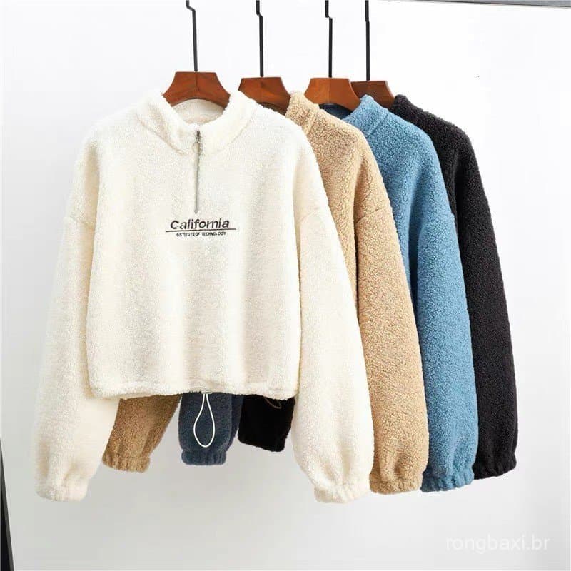 300g grosso cordeiro velo outono inverno curto moda 2024 novo estilo moletom feminino forro de lã solto estudante topo.