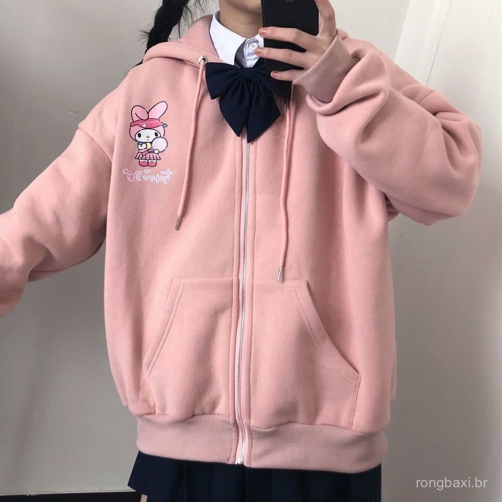 Cardigan com zíper moletom feminino outono inverno roupas forro de lã engrossado solto bf estilo preguiçoso com capuz ch